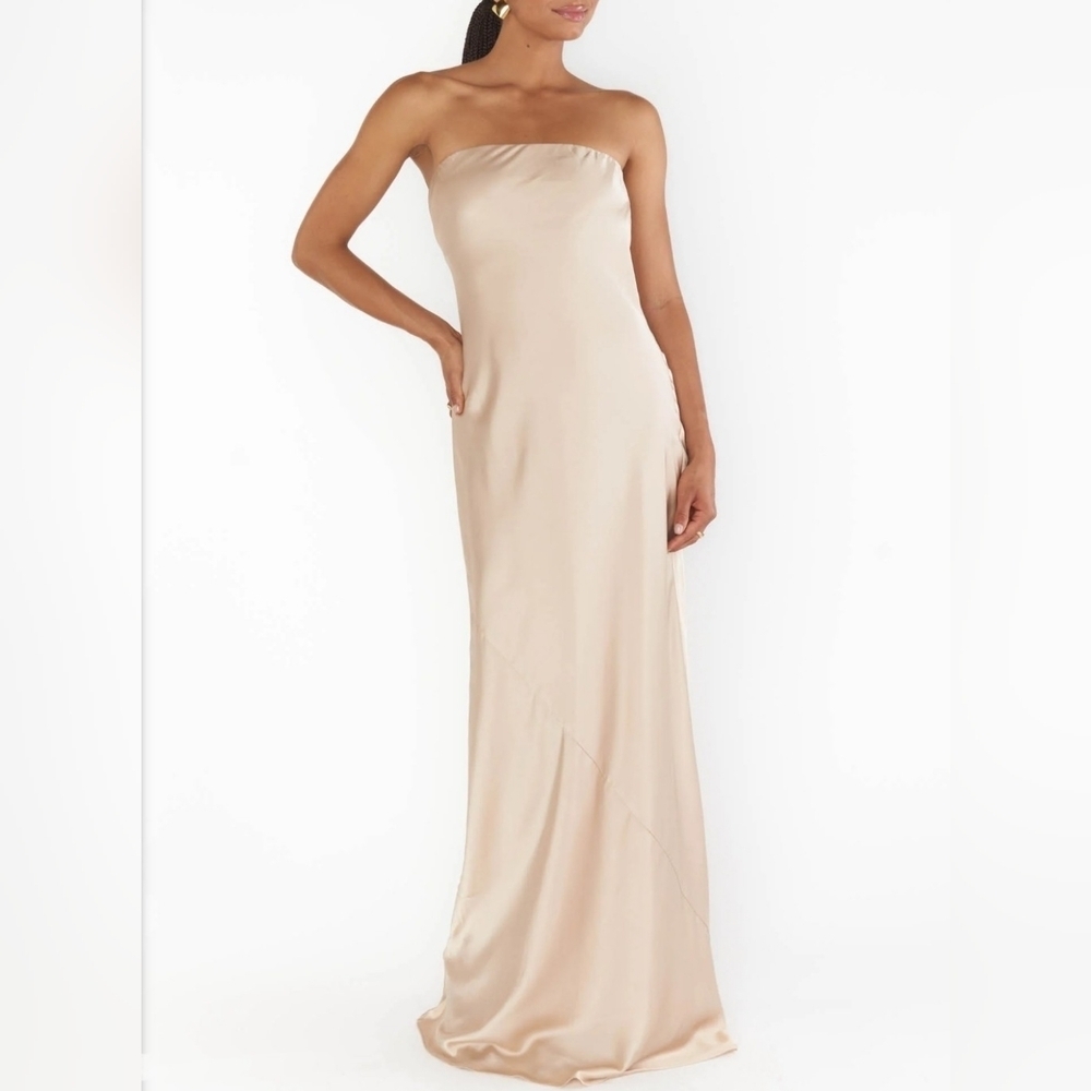 *Flaw* Show Me Your Mumu Women's Taylor Tube Maxi Dress, Champagne Luxe Satin Xl
